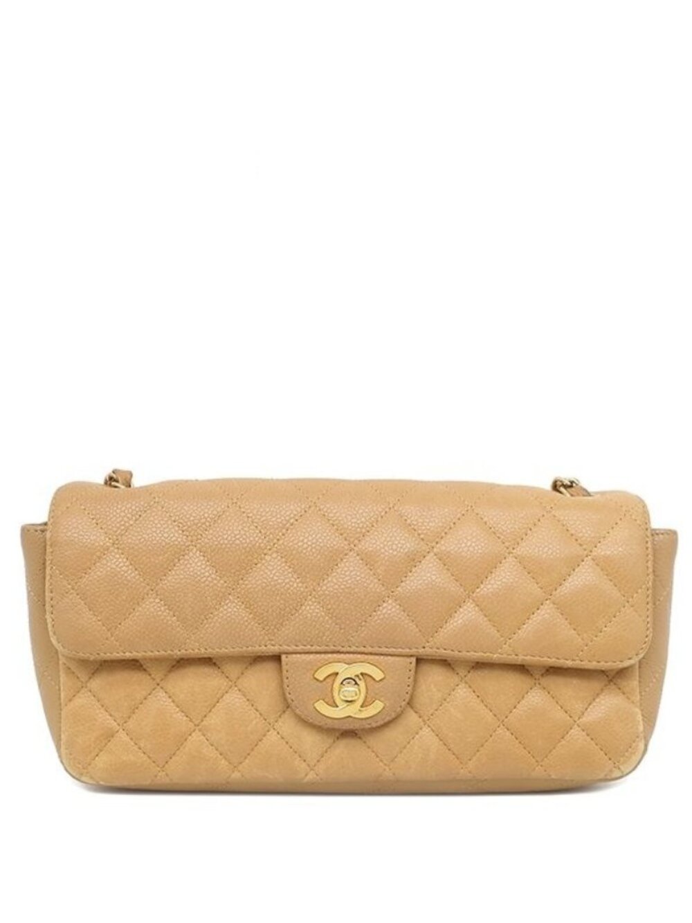 Chanel Shoulder Bag Quilted Chain Caviar Leather Beige Gold Single Flap CC Logo